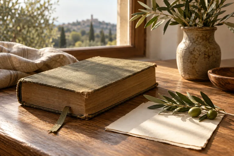 A clothbound book, ribbon bookmark and olive twig on a study table.